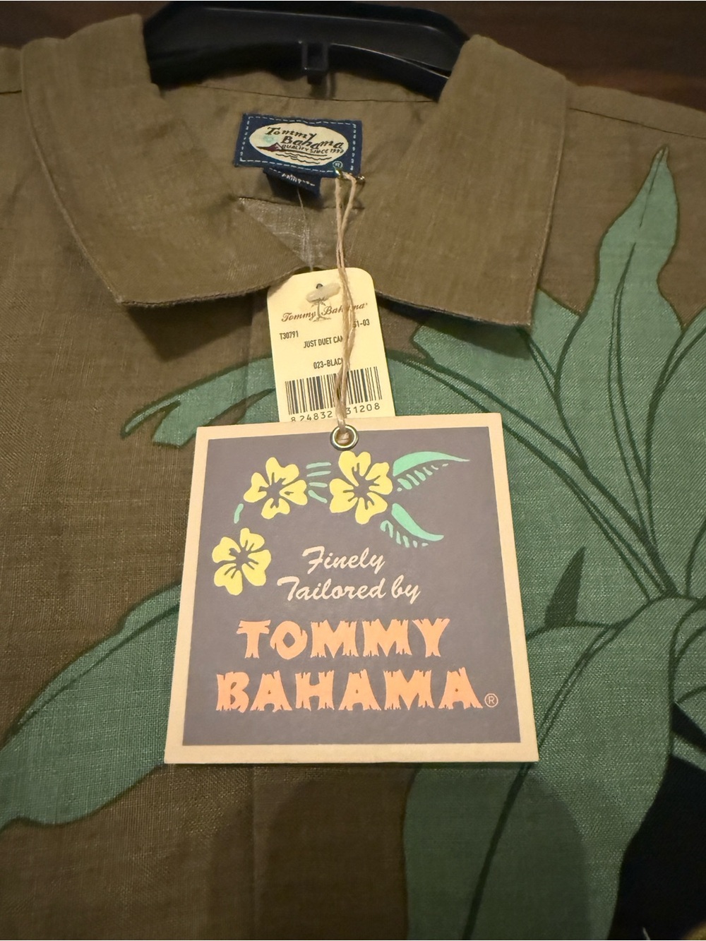Tommy Bahama Brown & Black Hawaiian Hula Girl Camp Shirt with Green Palms - Picture 2 of 5
